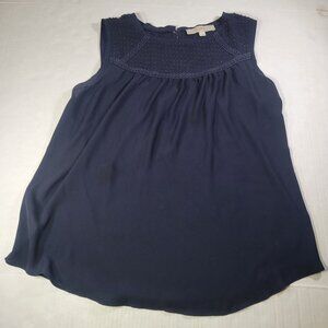 Loft Navy Sleeveless Blouse With Embroidered Yoke Design Size M